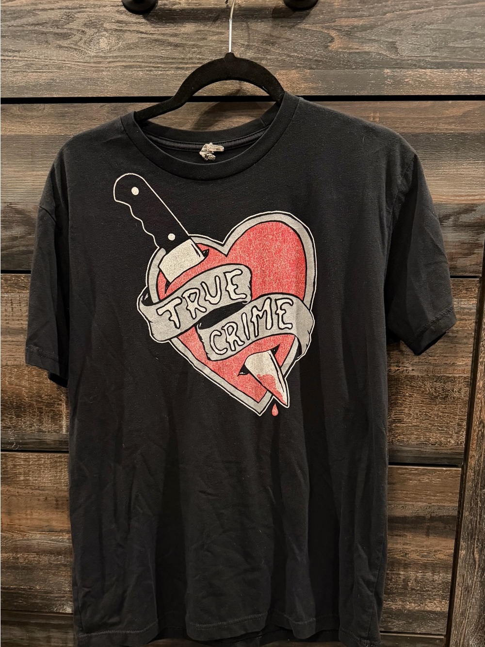 Vintage True Crime Graphic Tee with Red Heart - Women's Short Sleeve